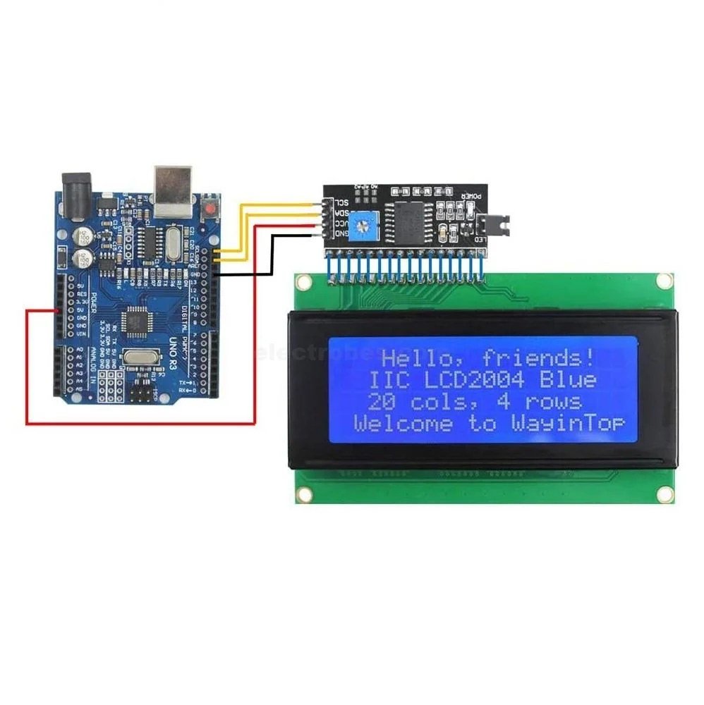 20x4-2004-LCD-Display-Module-with-IIC-I2C-Serial-Interface-Adapter-for-Arduino-Uno-R3-Mega-2560.jpeg PCF8574 I2C Adapter Board with 2004A 20X4 Alphanumeric LCD Display with Blue Backlight - Image 5
