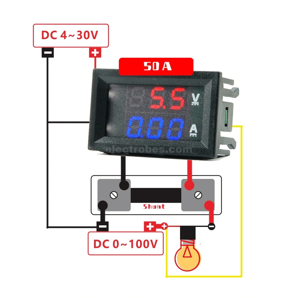 2pcs-DC-100v-50A-Ammeter-Voltmeter-50A-75mV-Shunt-Car-Amp-Volt-Voltage-LED-Display-Panel.png 2in1 DC 0-100V Voltmeter Ammeter With DC 100A 75mV Ampere Shunt Dual 0.28″ Red Blue Voltage Detector Current Indicator - Image 3