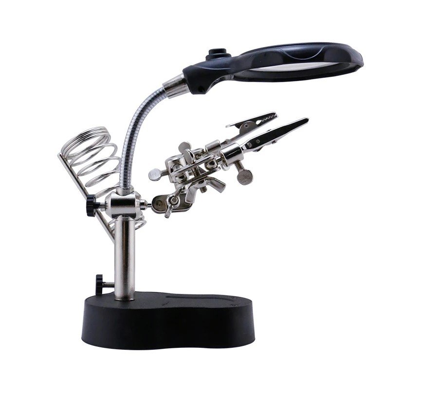 Magnifier-BST-TE801-Helping-Hand-Clip-Clamp-LED-Magnifying-Glass-Soldering-Iron-Stand-Welding-Rework-Repair-in-pakistan.jpg Helping Hand Third Hand Tool Soldering Iron Stand with Magnifying Glass and LED Light - Image 2