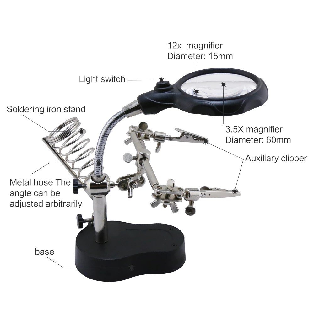 Magnifier-BST-TE801-Helping-Hand-Clip-Clamp-LED-Magnifying-Glass-Soldering-Iron-Stand-Welding-Rework-Repair-pakistan.jpg Helping Hand Third Hand Tool Soldering Iron Stand with Magnifying Glass and LED Light - Image 5