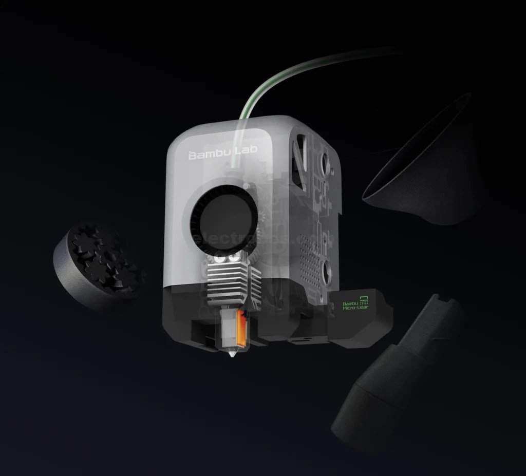 The-X1Es-extruder-with-high-temperature-nozzle.-Bambulab-X1E-large-size-fdm-3d-pritner-in-pakistan.jpg Bambu Lab X1E Combo with AMS FDM 3D Printer 16-color printing option, Built-in camera, Upto 20000 mm/s² Acceleration - Image 5